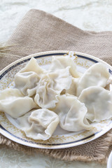 JiaoZi, Chinese dumpling on a plate, closeup.