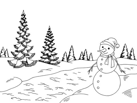 Winter forest graphic snowman black white landscape sketch illustration vector