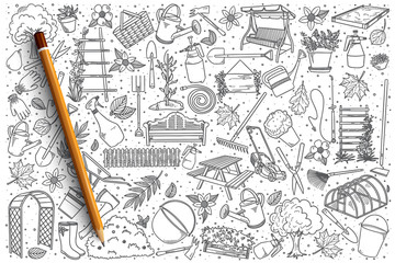 Hand drawn gardening vector doodle set background