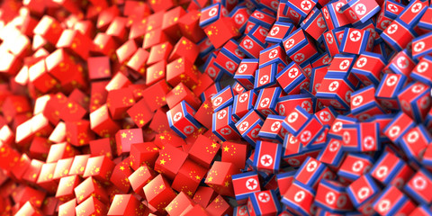 North Korea and China political relationship and conflict, original 3d rendering conceptual illustration, original flag textures