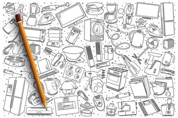 Hand drawn home appliances vector doodle set background