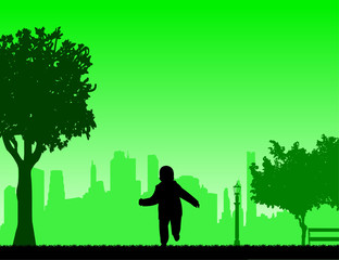 Fototapeta na wymiar Boy running in the park silhouette, one in the series of similar images