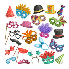 Different elements for carnival. Funny masks for masquerade. Vector illustrations in cartoon style