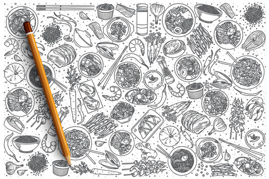 Hand drawn Korean food vector doodle set background