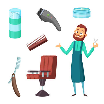 Barber at work and different illustrations of barbershop tools. Vector collection in cartoon style