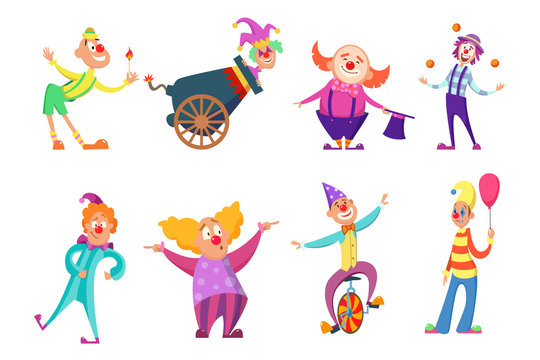 Circus characters. Funny clowns in action poses