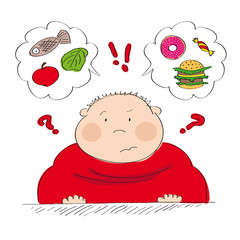 Dubious fat man thinking of food, trying to decide what to eat - whether healthy or unhealthy food - original hand drawn illustration