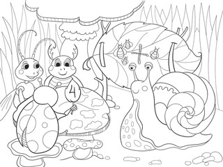 Insects learn math coloring for children cartoon raster illustration