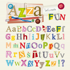 Set of scrapbook letters and elements - alphabet with original pattern for each letter