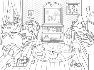 kids coloring on the theme of childhood room