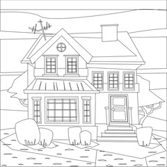 Catroon house building coloring raster illustration