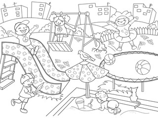 Childrens playground coloring. Raster illustration of black and white
