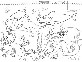 Seabed with marine animals. Raster coloring for kids, cartoon.