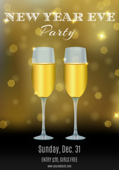 New year party flyer design with glasses of champagne and abstract bokeh background. Your club invitation template.