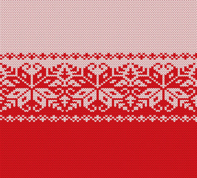 Knitted christmas red and white floral geometric ornament. Xmas knit winter sweater texture design.