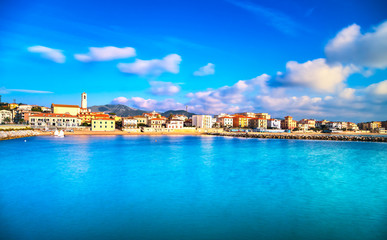 San Vincenzo beach and seafront panoramic view. Tuscany, Italy.