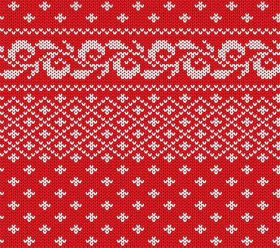 Knitted christmas red and white floral seamless ornament. Xmas knit winter sweater texture design.