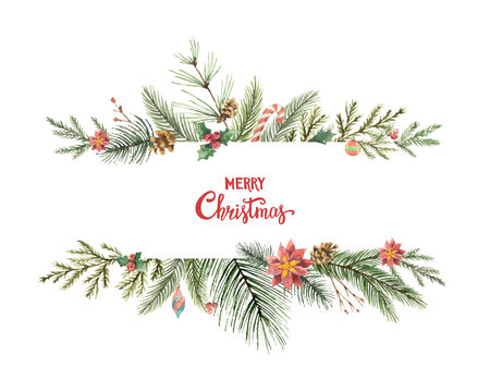 Watercolor vector Christmas banner with fir branches and place for text.