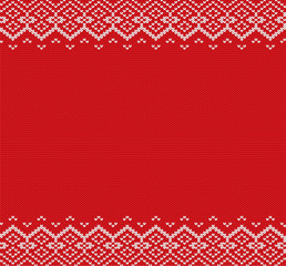 Knitted christmas background. Red and white geometric ornament. Xmas knit winter sweater texture design.