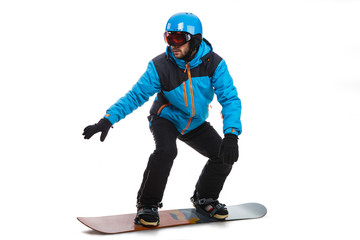 Portrait of young man in sportswear with snowboard isolated on a white background