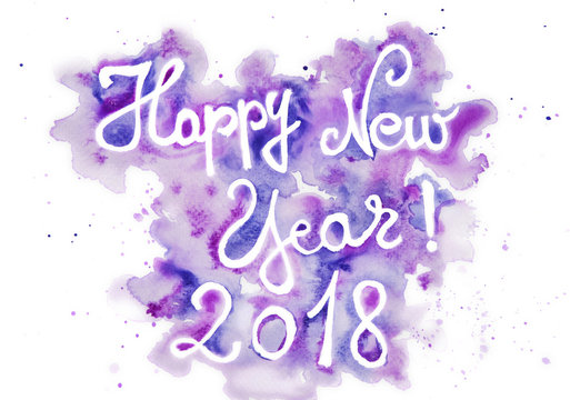 Happy new Year 2018 text with hand paint watercolor background 