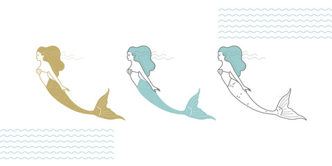 Mermaids in a modern minimalist style, line art illustration.