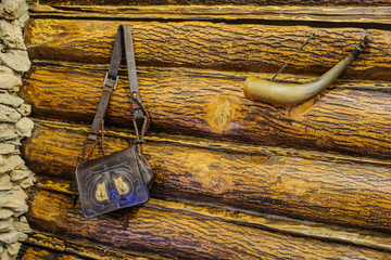 old vintage Hunting ram horn and leather bag