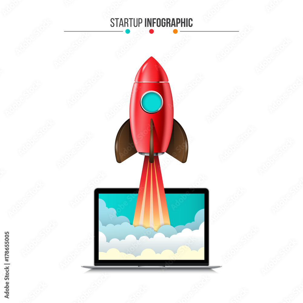Poster Vector rocket flying from laptop. Startup infographic. Can be used for workflow layout, presentation or web design.