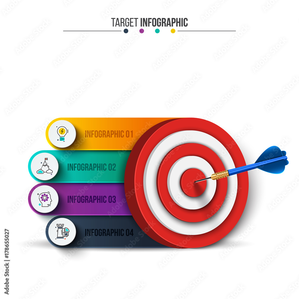 Poster infographic template with target and dart. vector illustration. business concept with 4 options, par
