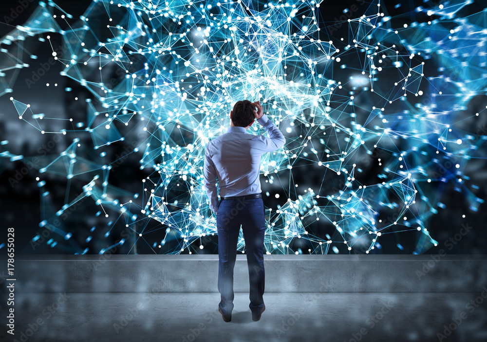 Aufkleber businessman watching connection network on a rooftop 3d rendering