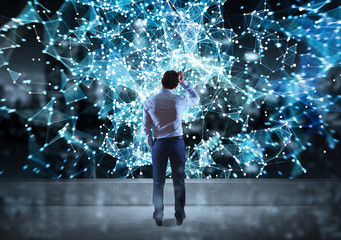 Businessman watching connection network on a rooftop 3D rendering