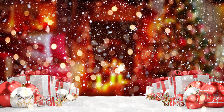 Red and white christmas gifts and baubles lined up 3D rendering