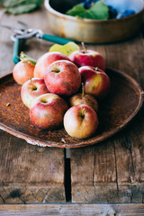 Fresh red apples in a rusty tray, grapes in a steel bowl, on an old wooden background.