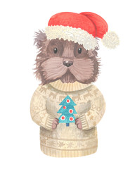 Cute watercolor doggie in warm sweater.