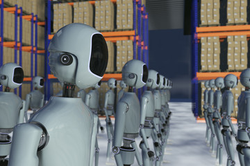 Fototapeta na wymiar many robots in a large warehouse