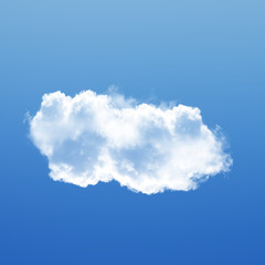 Single white cloud isolated over blue sky background, realistic cloud shape 3D illustration
