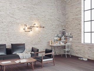 White brick loft living room with working place