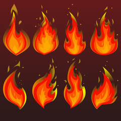 Set of red fire icons. Flames. Vector illustration