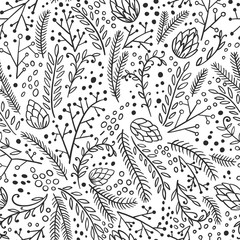 Materiał do szycia Winter seamless pattern. Hand drawn conifers: fir, larch, juniper, pine, spruce. Doodle vector illustration.