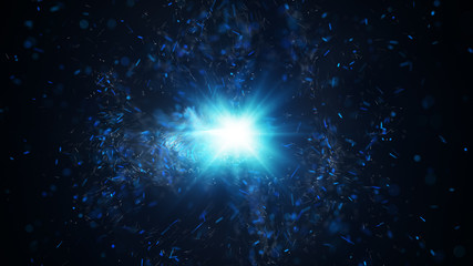 Blue particles bursts and flashlight abstract background