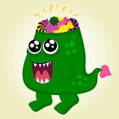 Creative vector background with toothed monster with sweets instead of brains, halloween. Funny wallpaper for textile and fabric. Fashion style.