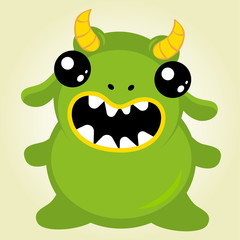 Creative vector background with a cute, green monster, with big teeth and cute eyes, halloween. Funny wallpaper for textile and fabric.Fashion style.Colorful bright picture for children
