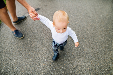 Little boy with father making first steps in nature.