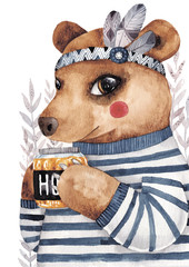 Cute watercolor bear with honey - 178662214