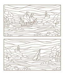 Set contour illustrations of stained glass seascapes,sailing ship and the lighthouse in rocky Bay on the background of sea