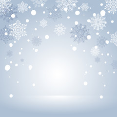 Winter Holiday Snow Background for banner or greeting card. Blue Christmas Abstract Backdrop with Snowflakes.