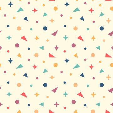 Colorful Vector Confetti, Geometric Symbols Seamless Pattern Background.