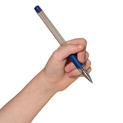 Child hand hold a ballpoint pen isolated on a white background