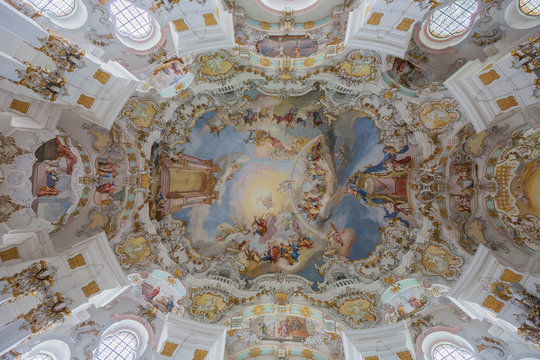 Vertical view of the ceiling in the Pilgrimage Church of Wies painted with delicate frescoes