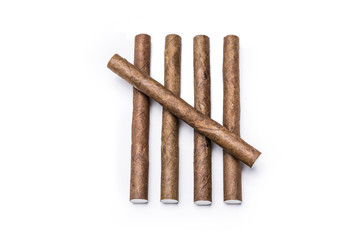 Macro Of Five Cigarillos Arranged As A Tally Isolated On White Background